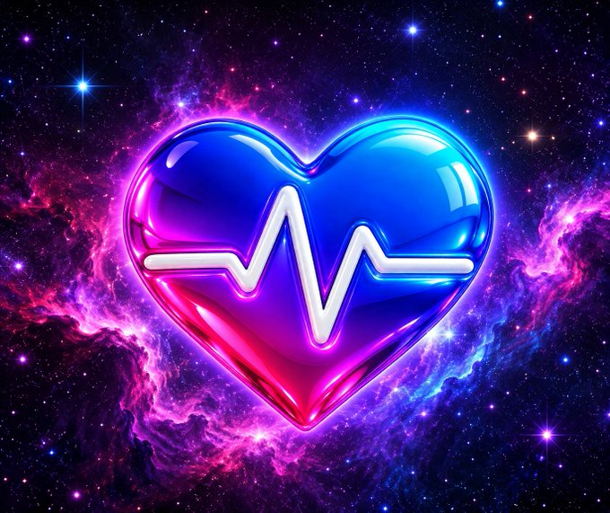 Vibrant digital artwork featuring a glossy 3D heart split between blue and pink/red halves with a heartbeat/electrocardiogram line running through it, set against a cosmic galaxy background.