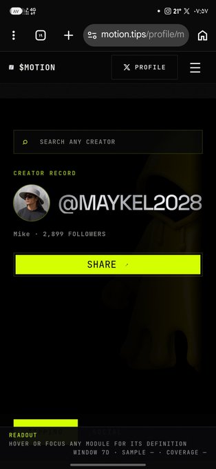 A mobile screenshot of the Motion platform showing a creator record for '@MAYKEL2028' (Mike) with 2,899 followers and a 'SHARE' button on a dark themed interface.
