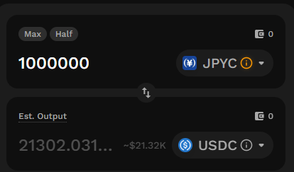A dark-themed crypto swap interface shows converting 1,000,000 JPYC into an estimated 213,020.31 USDC (~$21.32K), illustrating the roughly 3x value discrepancy between JPYC and its pegged equivalent that the post highlights as an arbitrage opportunity.