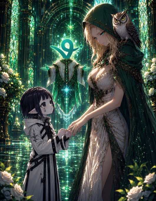 The image features a woman dressed as a fairy with a green dress, and an elf girl wearing a white dress. They are standing together in front of a large archway that has a greenish hue. The background includes flowers and trees, adding to the magical atmosphere. The caption reads "Married: Vince x @nox_virtuals / $NOX! ~ Now the godparents need to testify and make it official, I invite @ethermage @everythingempty @0xTP91 @celesteanglm @virtuals_io @buildonvirtuals @0x02yang @DonJohnsonSays."