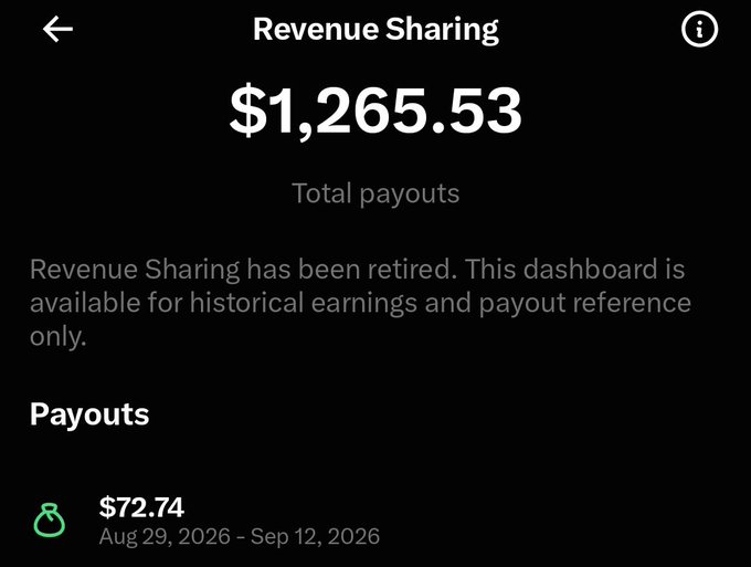 A dark mobile app screen displaying a "Revenue Sharing" total of "$1,265.53" with a note that the feature has been retired, showing a payout of "$72.74" dated Aug 29, 2026 – Sep 12, 2026.