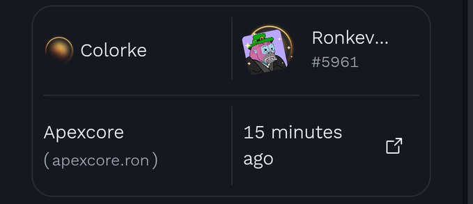 A screenshot shows a token swap on RonkeOnRon, exchanging "Apexcore" (apexcore.ron) for 350 of "Colorke" (Colorke) tokens, with the swap occurring 15 minutes ago via wallet #5961.