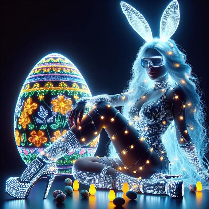 A glowing digital artwork featuring a woman with long white hair and bunny ears wearing a rhinestone bodysuit and VR headset, seated beside a large illuminated Easter egg, with small eggs scattered around her feet.