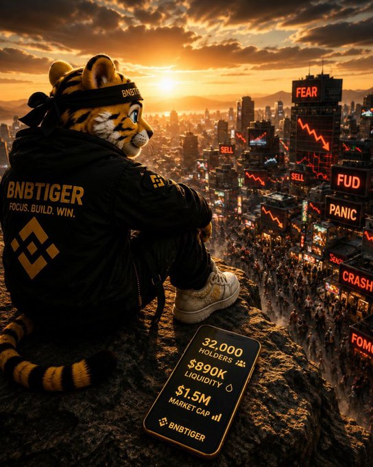 A digital artwork featuring a tiger-headed figure wearing a black jacket labeled 'BNBTIGER FOCUS. BUILD. WIN.' sitting on a cliff overlooking a chaotic city at sunset, with buildings displaying ominous signs like 'FEAR', 'SELL', 'FUD', 'PANIC', and 'CRASH'; a phone on the rock shows '32,000 HOLDERS', '$890K LIQUIDITY', and '$1.5M MARKET CAP'.