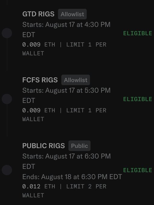 A mint schedule for GTD RIGS, FCFS RIGS, and PUBLIC RIGS phases, starting August 17, with ETH prices listed.