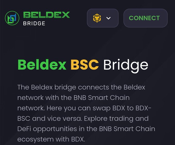 A website header for 'BELDEX BRIDGE' describing the Beldex BSC Bridge that connects the Beldex network with BNB Smart Chain, allowing users to swap BDX to BDX-BSC and vice versa.