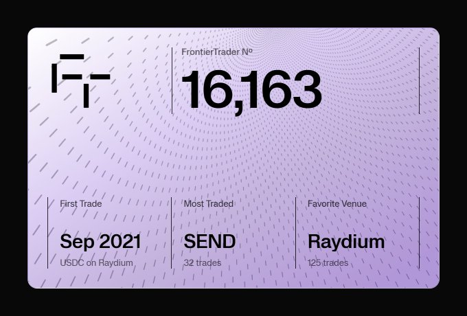 FrontierTrader № 16,163 card displaying First Trade: Sep 2021, Most Traded: SEND (32 trades), and Favorite Venue: Raydium (125 trades).