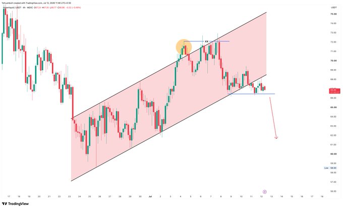 The chart shows $HYPE/USDT on TradingView with price action breaking down from a rising channel (shaded red), currently testing a key support near $69 with a projected breakdown arrow pointing toward ~$59–$64, consistent with the post's warning that $HYPE could fall below its final support level.