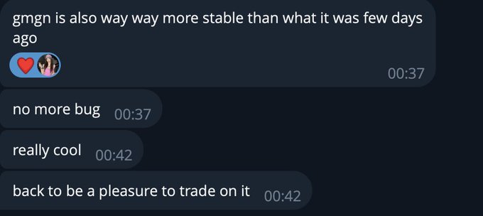 A screenshot of a chat conversation discussing the stability of 'gmgn', with messages saying 'gmgn is also way way more stable than what it was few days ago', 'no more bug', 'really cool', and 'back to be a pleasure to trade on it'.