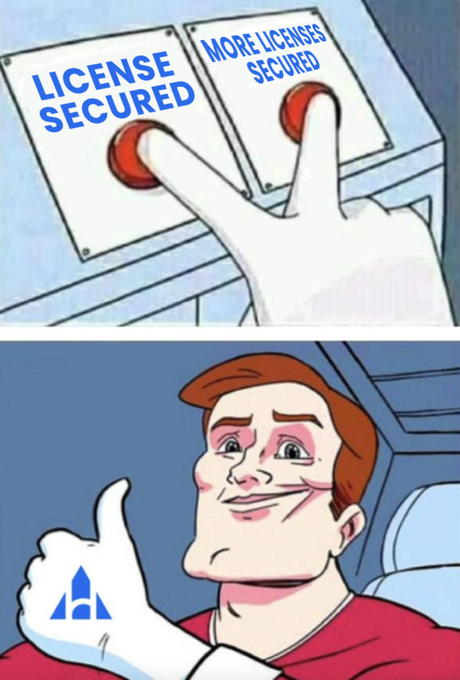The image features a two-panel meme: the top shows a hand pressing two red buttons labeled "LICENSE SECURED" and "MORE LICENSES SECURED," while the bottom panel shows a smiling cartoon man giving a thumbs-up with the AlchemyPay logo on his hand—visually celebrating AlchemyPay's 11th U.S. Money Transmitter License acquisition in Kansas.