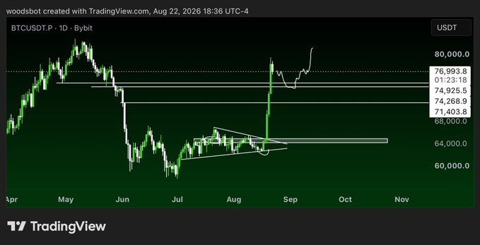 A TradingView chart of BTCUSDT.P on Bybit shows Bitcoin's daily price action with key resistance levels marked at 74,925.5, 76,993.8, and 80,000, alongside a triangle pattern forming in late summer. The post highlights 80,000 as a key entry target, aligning with the upward arrow drawn on the chart pointing toward this resistance zone.