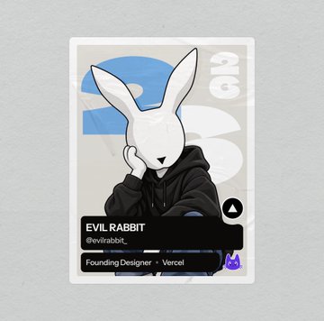 An ID-style card featuring a white rabbit wearing a black hoodie, labeled 'EVIL RABBIT' (@evilrabbit_) with the title 'Founding Designer · Vercel'.