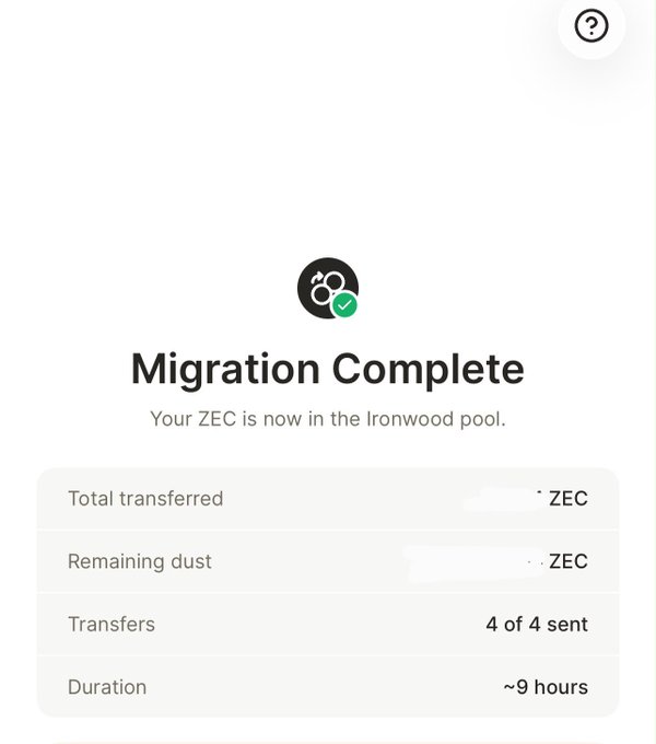 A screenshot showing a 'Migration Complete' confirmation page with the text 'Your ZEC is now in the Ironwood pool,' displaying details like Total transferred, Remaining dust, Transfers (4 of 4 sent), and Duration (~9 hours).