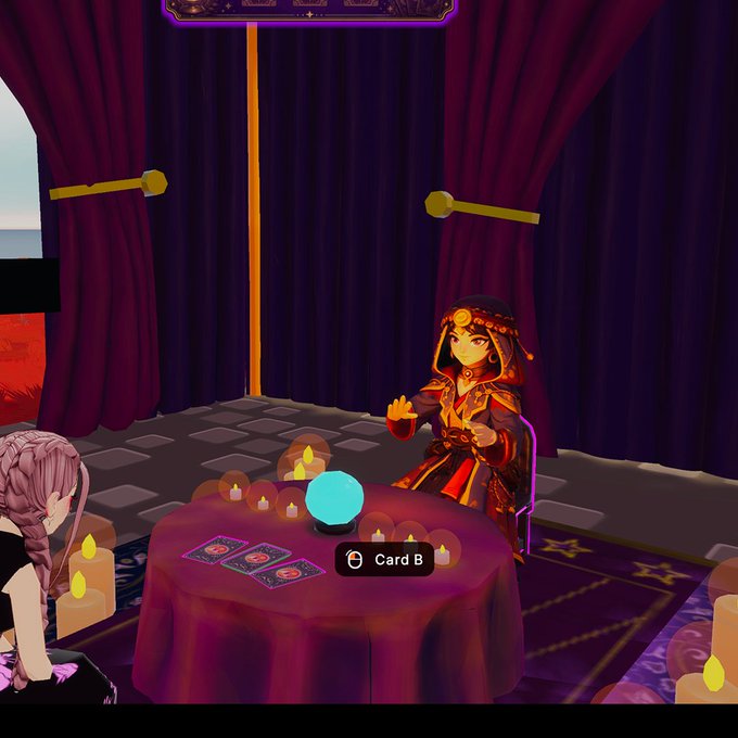 A fortune teller in a hooded robe sits at a candlelit table in a dark, curtained room, gesturing toward three face-down cards. A glowing cyan crystal ball sits in the center, while a UI prompt reads "Card B" as the player considers whether to choose that card to find love.