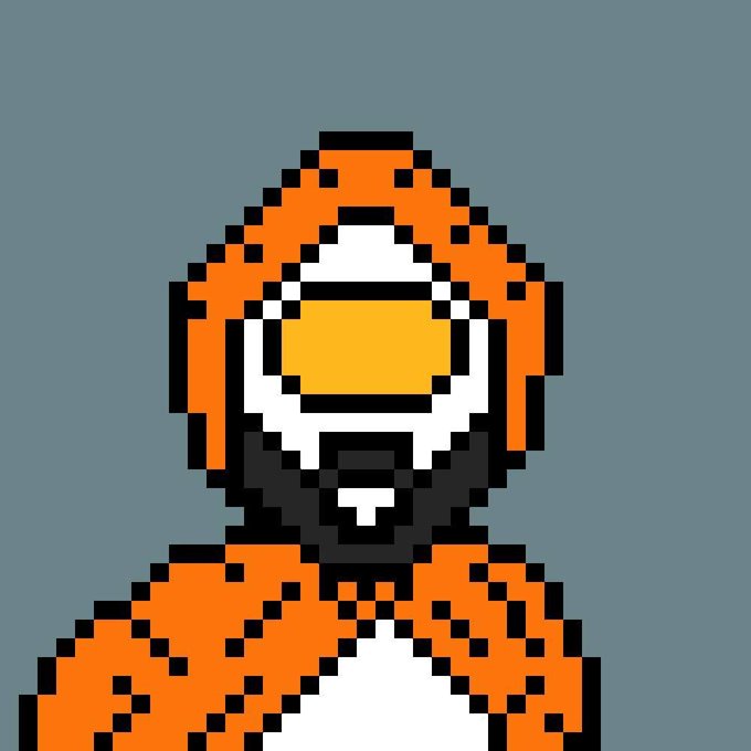 Pixel art image of a figure in an orange jumpsuit with a yellow visor and black face mask against a gray background.