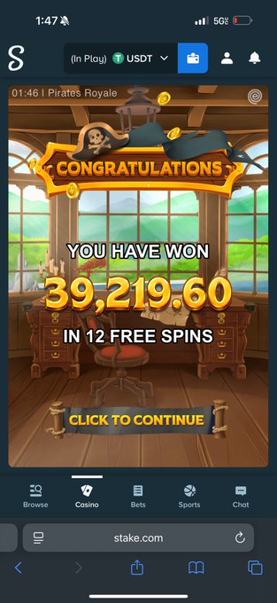 A Stake.com screenshot celebrates a Pirates Royale slot win of $39,219.60 in 12 free spins on an EvoSlot game, matching the post's claim of a $40K payout from a $3K buy-in.