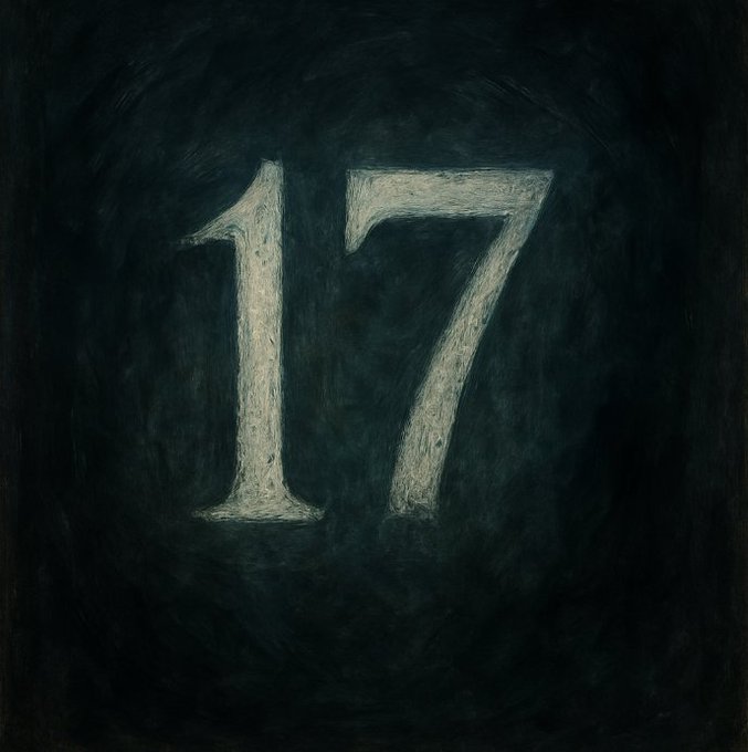 A dark, moody painting featuring the number '17' in large, textured off-white numerals against a shadowy, dark greenish-black background.