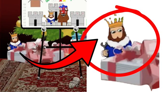 A cartoon king holding a wrench is circled in red, suggesting a delay in clarity or understanding. The image features a king character and gift boxes, possibly relating to a holiday theme.