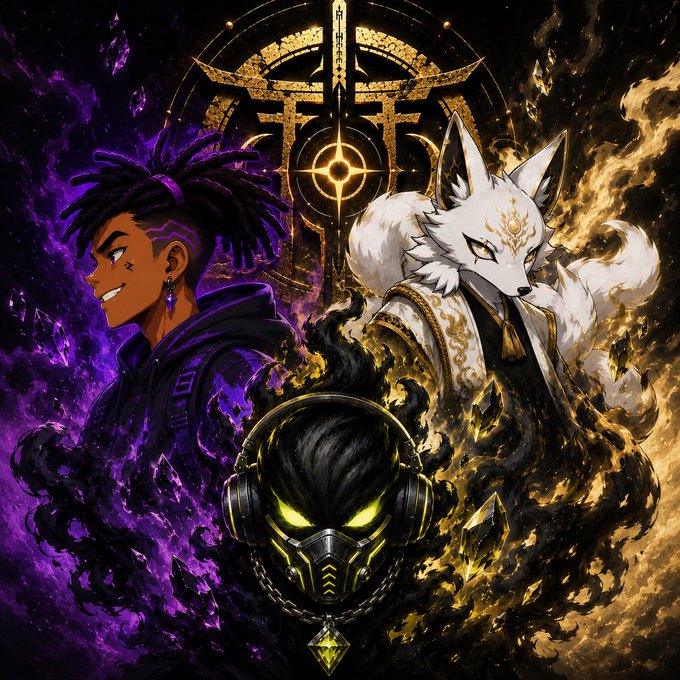 Stylized digital artwork featuring a person with purple dreadlocks surrounded by purple flames and a white kitsune (fox spirit) surrounded by golden flames, with a futuristic masked character between them.