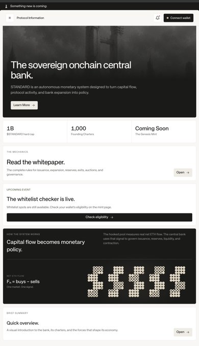 A screenshot of the STANDARD protocol website describing 'The sovereign onchain central bank,' featuring a hard cap of 1B STANDARD, 1,000 founding charters, and sections for whitepapers, whitelist eligibility, and quick overview.