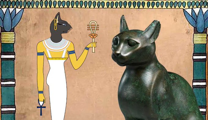 An illustration of the Egyptian goddess Bastet alongside a bronze statue of a cat, with the goddess depicted holding an ankh and a sistrum.