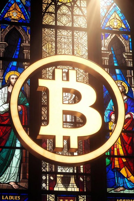 A large golden Bitcoin (₿) symbol displayed in front of an ornate stained glass church window featuring religious figures in colorful robes.