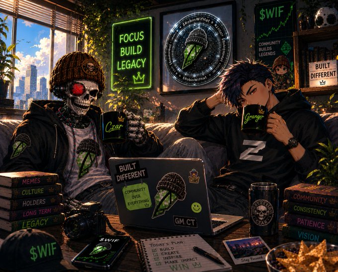 Two gamers are sipping from black coffee mugs with their laptops open to a webpage for "Robin Wif Hat."  There's a green sign above them that says "Focus, Build, Legacy" and the image hints at Pokemon with cup holders labeled "Czar" and "Grunge."