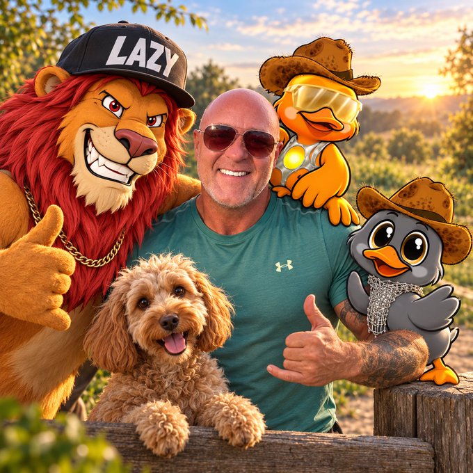 An AI-generated image showing a bald man in sunglasses and a green Under Armour shirt posing with a small brown dog and three cartoon characters including a lion wearing a 'LAZY' cap and two duck-like birds in cowboy hats.