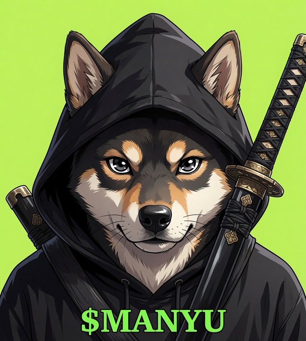 A black-cloaked Shiba Inu ninja with crossed katanas stares forward against a green background, with "$MANYU" displayed prominently below, depicting the meme coin's stealthy arrival.