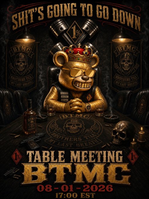 A dark, biker-themed promotional poster for a 'TABLE MEETING BTMC' scheduled for 08-01-2026 at 17:00 EST, featuring a crowned, sunglasses-wearing teddy bear with gold teeth at a table surrounded by skulls and whiskey bottles.