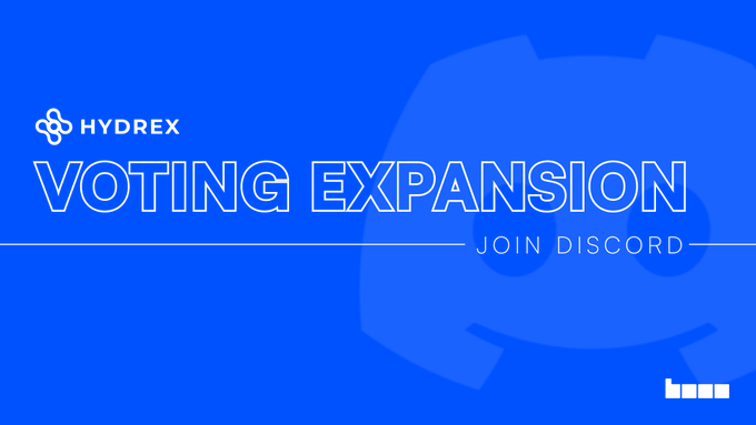 A bold blue promotional graphic for Hydrex features the atom-like logo alongside outlined text reading "HYDREX," "VOTING EXPANSION," and "JOIN DISCORD," with a faint Discord emblem watermark in the background and the Hydrex wordmark in the bottom corner—visually reinforcing the announcement about upcoming voting capabilities and the Discord community link.