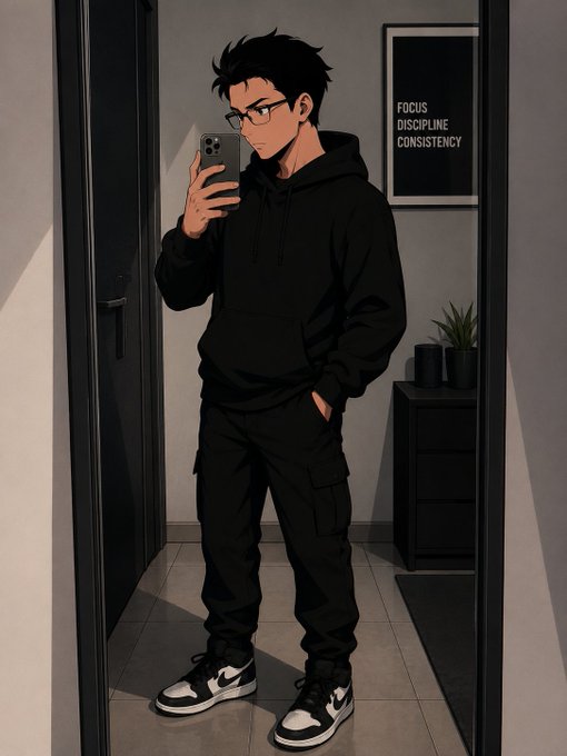 An anime-style illustration of a man in all-black clothing and sneakers taking a mirror selfie with his phone in a room featuring a framed poster that reads "FOCUS DISCIPLINE CONSISTENCY".