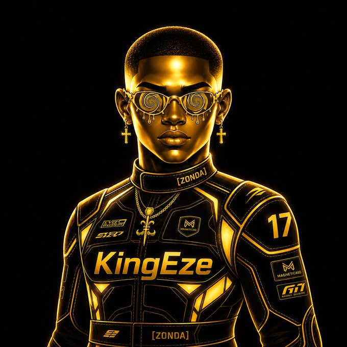 A stylized gold and black digital illustration of a man wearing sunglasses, cross earrings, and a racing suit with 'KingEze,' 'ZONDA,' and the number '17' visible.