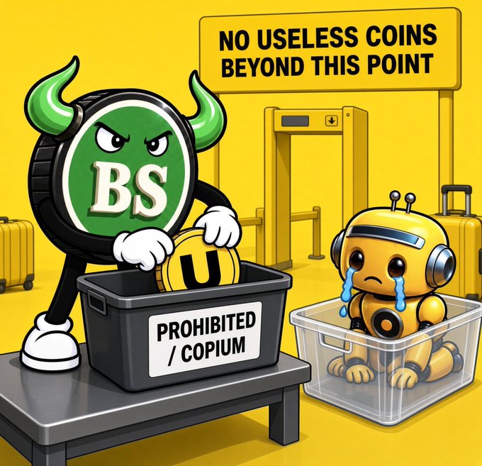 Cartoon illustration depicting a green 'BS' coin mascot with horns throwing a 'U' coin into a bin labeled 'PROHIBITED / COPIUM' under a sign reading 'NO USELESS COINS BEYOND THIS POINT', while a crying robot watches from a container.