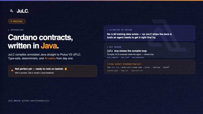A preview webpage for JuLC introducing Cardano contracts written in Java, noting it compiles annotated Java to Plutus V3 UPLC, with installation instructions and an AI-native by design feature callout.