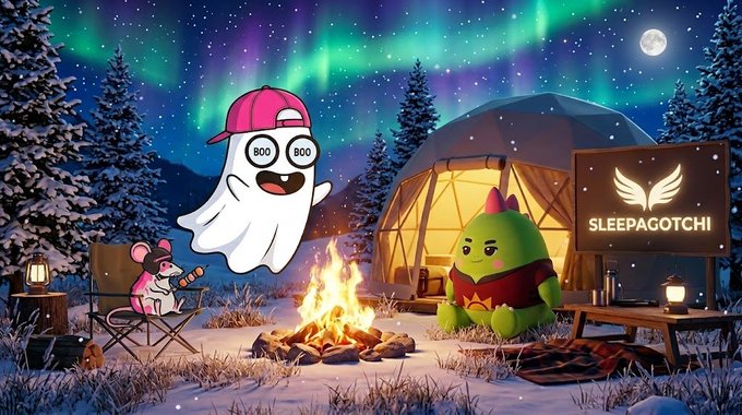 Cartoon winter camping scene with northern lights, featuring a white ghost wearing a pink cap, a campfire, a mouse with a thermos, and a green character next to a 'SLEEPAGOTCHI' sign.
