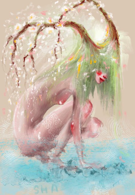 A digital painting of a nude female figure with green hair crouched in water, surrounded by cherry blossom branches, with "SHA" signed at the bottom—representing the "She is Spring" NFT collection listed for 1.5 Tez on objkt.com.