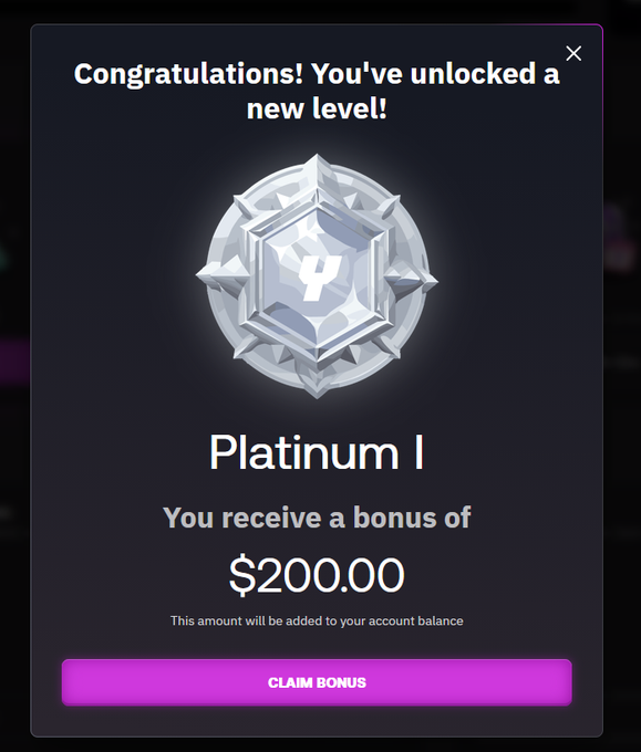 A pop-up notification on YEET congratulates the user for reaching Platinum I, awarding a $200.00 bonus that will be instantly added to their account balance upon clicking "CLAIM BONUS," illustrating the platform's gamified reward system of instant bonuses for leveling up.