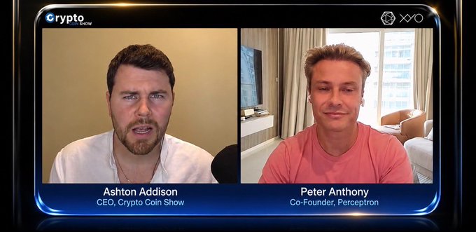 A video interview on the 'Crypto Coin Show' featuring Ashton Addison (CEO) and Peter Anthony (Co-Founder, Perceptron).