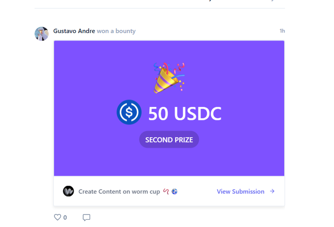 A social media post showing Gustavo Andre winning a 'SECOND PRIZE' of '50 USDC' in a purple graphic, related to creating content about a 'worm cup'.
