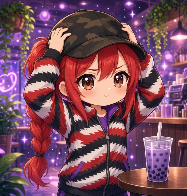 An anime girl with red hair in a zigzag-pattern jacket adjusts a camouflage cap with a frustrated pout, sitting beside a purple bubble tea in a sparkly café. Her exasperated expression mirrors the poster's meme about constant trading misfortune and exhaustion ("ich bin müde" = "I am tired").
