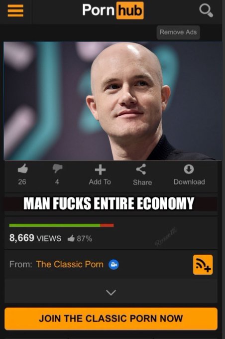 A Pornhub-style meme thumbnail featuring a man's face with the caption 'MAN FUCKS ENTIRE ECONOMY' showing 8,669 views and 87% rating.