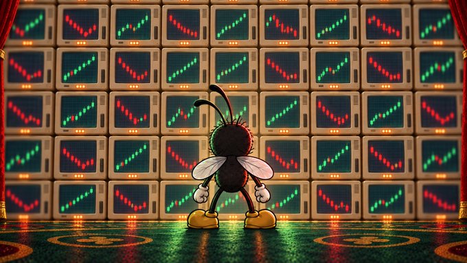 An animated fly character with white gloves and yellow shoes stands on a stage with red curtains, facing a massive wall of old CRT monitors displaying red and green candlestick trading charts.
