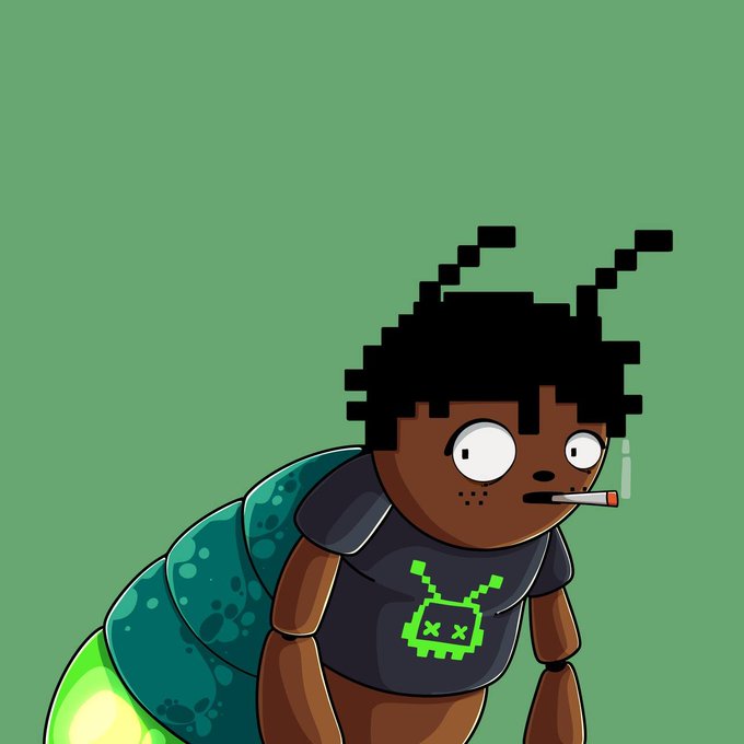 An illustration of a pixel-art style character with dark skin, dreadlock-like hair, and a cigarette in his mouth, wearing a gray shirt with a green skull bug graphic and what appears to be a large translucent insect body.