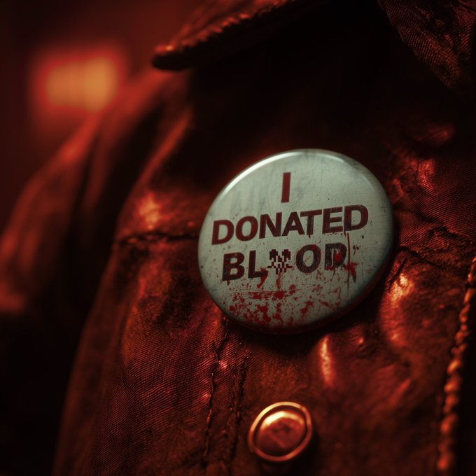 A close-up of a blood-spattered button pin reading 'I DONATED BLOOD' attached to a dark, dimly lit jacket.