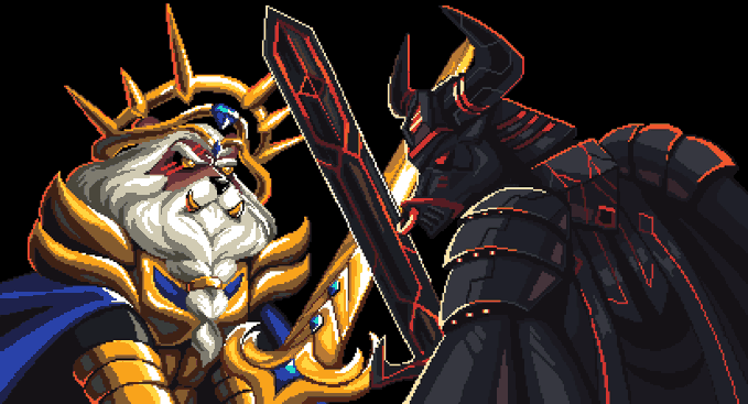 A bearded bull king wearing a gold crown and blue cape faces off against a dark armored bull with glowing red eyes and a massive sword. The pixel-art illustration visually embodies the "Bull vs. Bear kingdom" rivalry central to the Fortune Foes GameFi project, depicting the two opposing factions clashing.