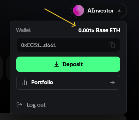 A dark wallet interface shows an 'AInvestor' profile with a balance of '0.0015 Base ETH' (highlighted by a yellow arrow), a wallet address starting with '0xEC51...d661', and a green 'Deposit' button.