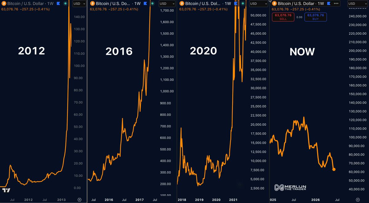 The image shows a graph of Bitcoin prices over time, with each year represented by its own line. The lines display various stages of bitcoin price fluctuations, including periods of pain followed by moments of relief or euphoria. The years 2013 through 2016 are particularly marked out on this graph as significant in the history of Bitcoin's price movements, as they represent major events such as the pain phase and the eventual recovery from that pain phase to a more positive state.