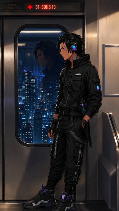 An anime-style digital illustration of a young person in black techwear with chains and glowing blue accents, wearing headphones and standing inside a subway car with a cityscape visible through the window.