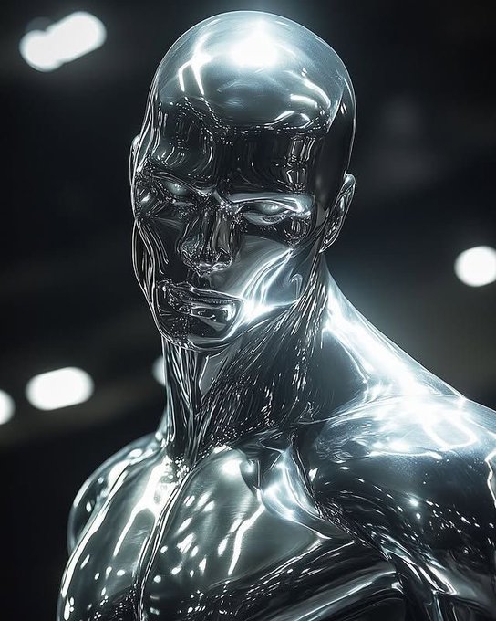 A chrome humanoid figure with a metallic reflective surface stands against a dark background with out-of-focus lights.